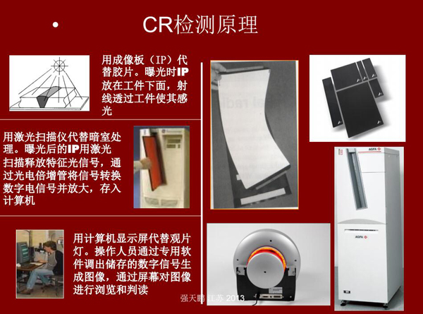CR檢測原理：用成像板代替膠片，曝光時成像片放在工件下面，射線透過工件使其感光；曝光后的成像板用激光掃描釋放特征光信號，通過光電轉(zhuǎn)換存入計算機(jī)