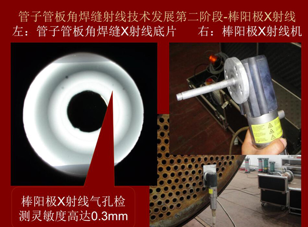 管子管板角焊縫射線技術(shù)發(fā)展第二階段：棒陽極X射線，棒陽極X射線采用棒陽極X射線機(jī)，其氣孔檢測靈敏可高達(dá)0.3mm